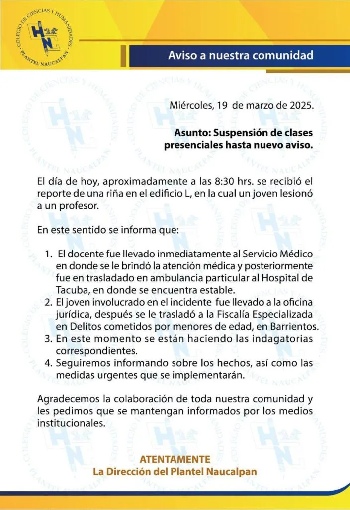 Alumno apuñala a profesor en CCH Naucalpan; se suspenden clases
