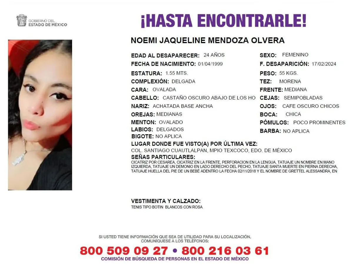Texcoco: Se busca a Noemí Jaqueline reportada como desaparecida