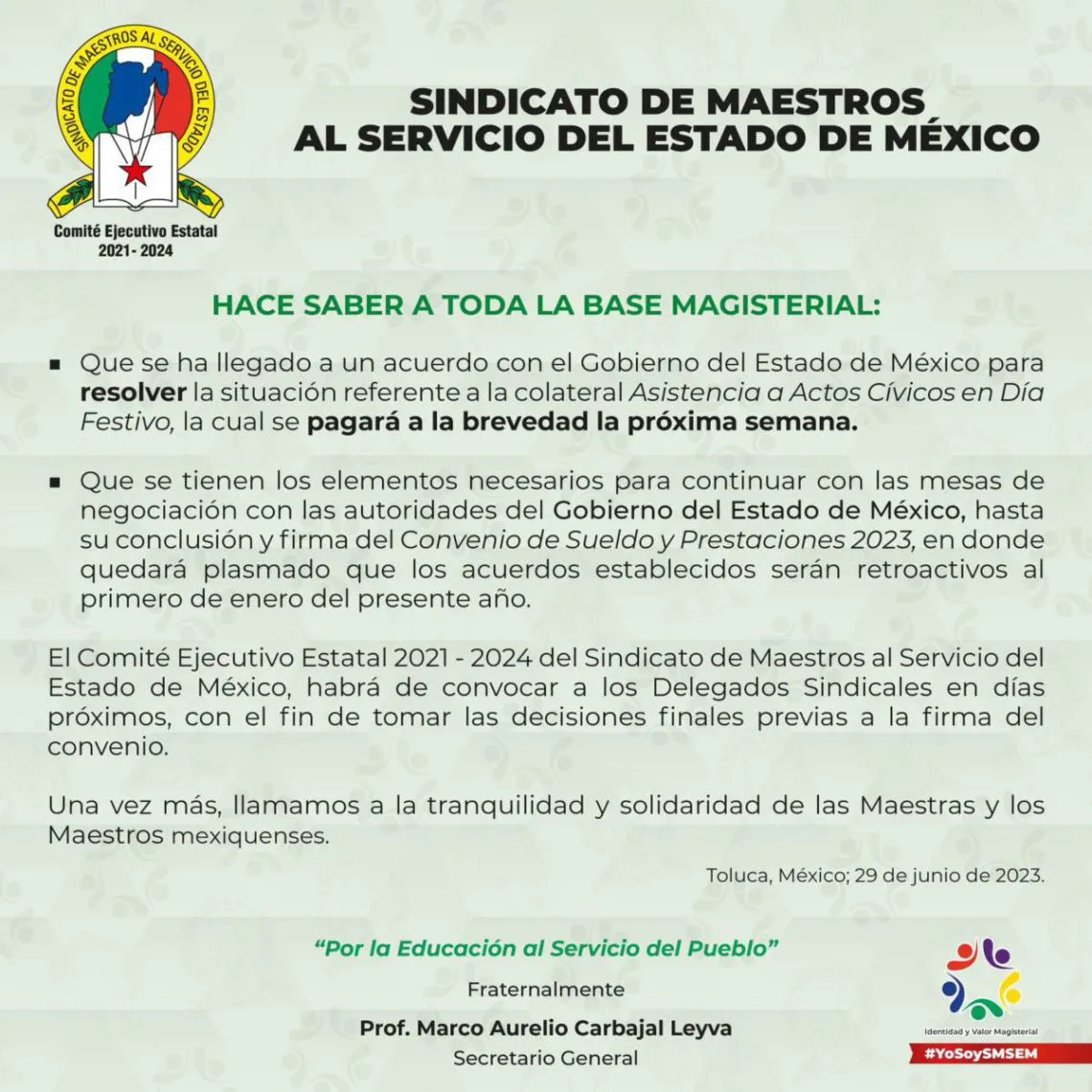 Acuerdan pago a magisterio la próxima semana