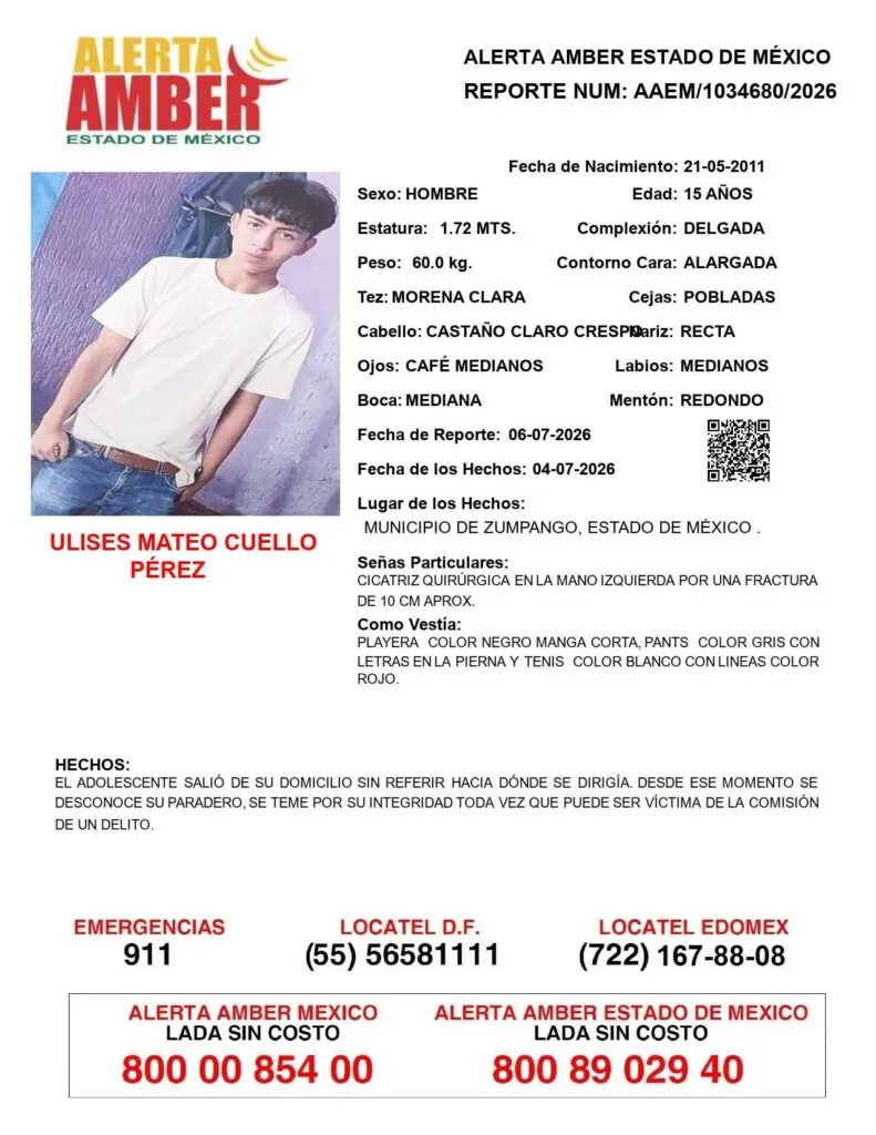 Alerta Amber: Se busca a Ulises Mateo Cuello Pérez, desaparecido en Zumpango
