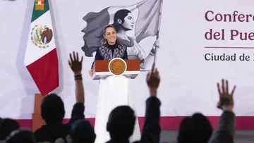 La presidenta Claudia Sheinbaum, durante la Conferencia del Pueblo en Palacio Nacional, el 18 de junio de 2026.