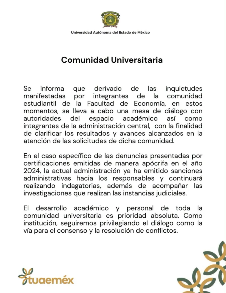 UAEMéx instala mesa de diálogo con estudiantes de Economía y da seguimiento a denuncias por certificados apócrifos