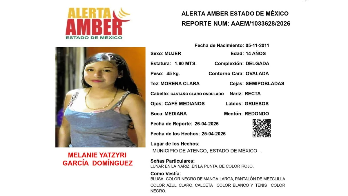 Alerta Amber: Se busca a Melanie Yatzyri García Domínguez, desaparecida en Atenco