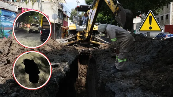 Se abre socavón en Avenida Telecomunicaciones, Iztapalapa: patrulla de SSC cae en el hoyo.