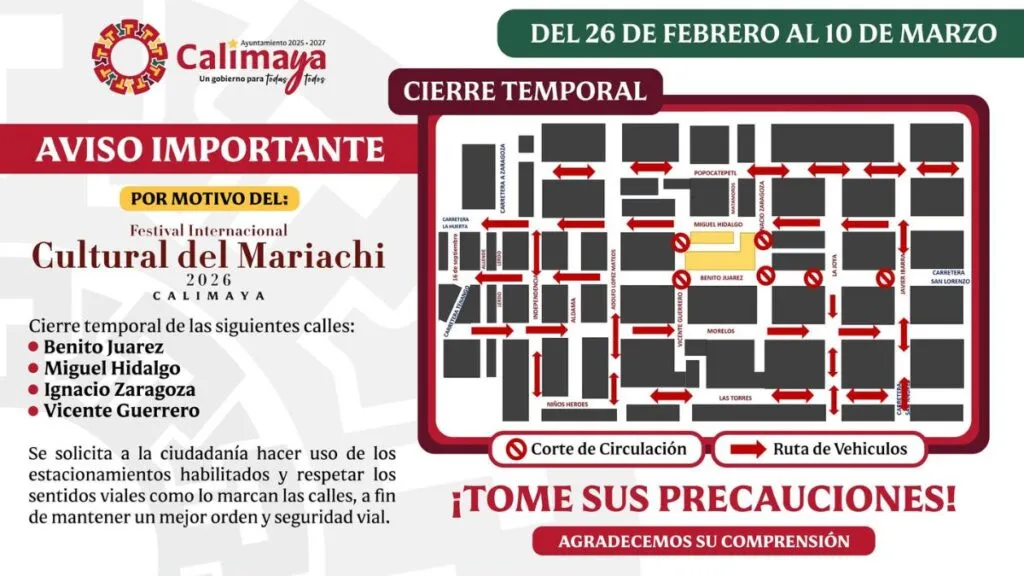 Calimaya cerrará vialidades por Festival Internacional del Mariachi