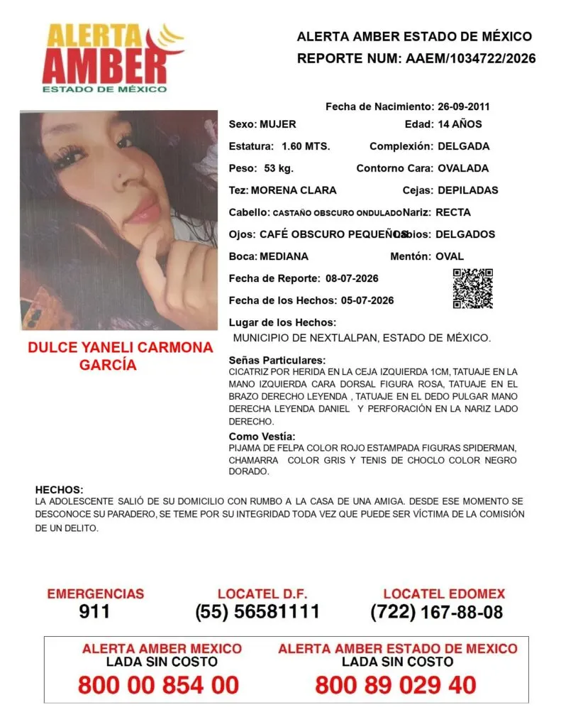 Alerta Amber: Se busca a Dulce Yaneli Carmona García; desapareció en Nextlalpan