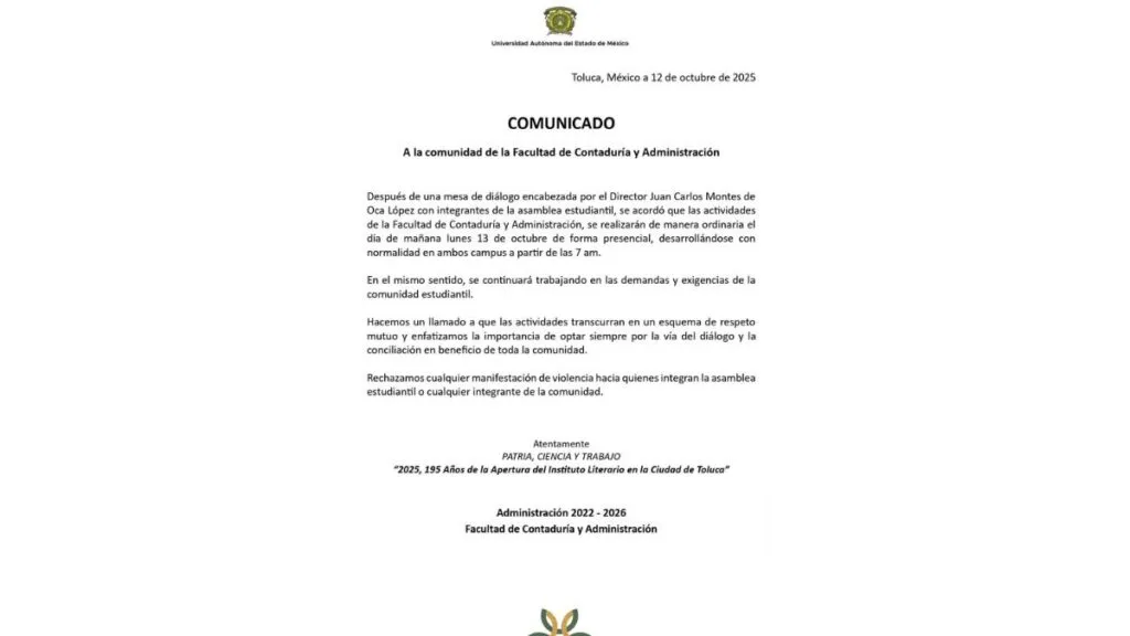 UAEMéx: Fac. de Contaduría regresará a sus actividades normales