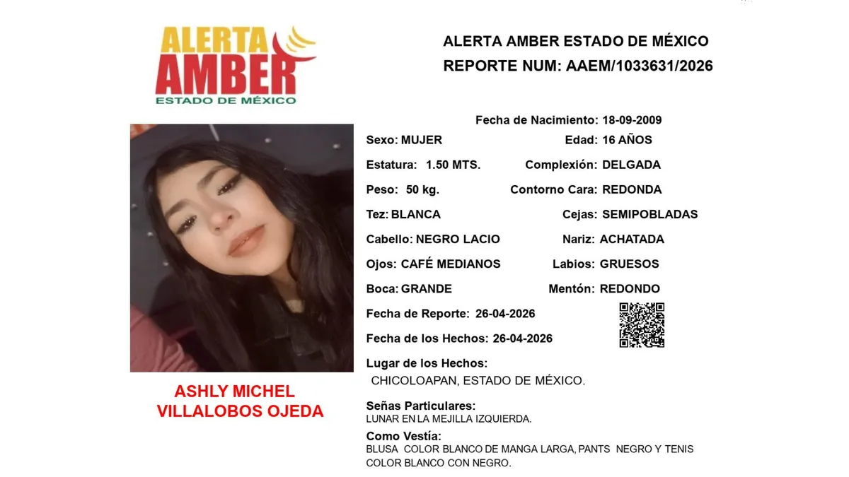 Alerta Amber: Se busca a Ashly Michel Villalobos desaparecida en Chicoloapan