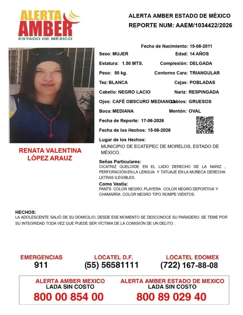 Alerta Amber: Se busca a Renata Valentina López Arauz; desapareció en Ecatepec