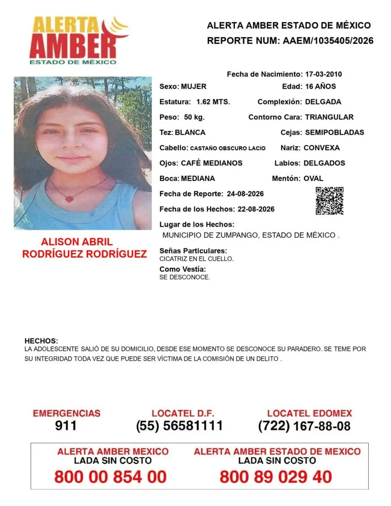 Alerta Amber: Se busca a Alison Abril Rodríguez Rodríguez; desapareció en Zumpango