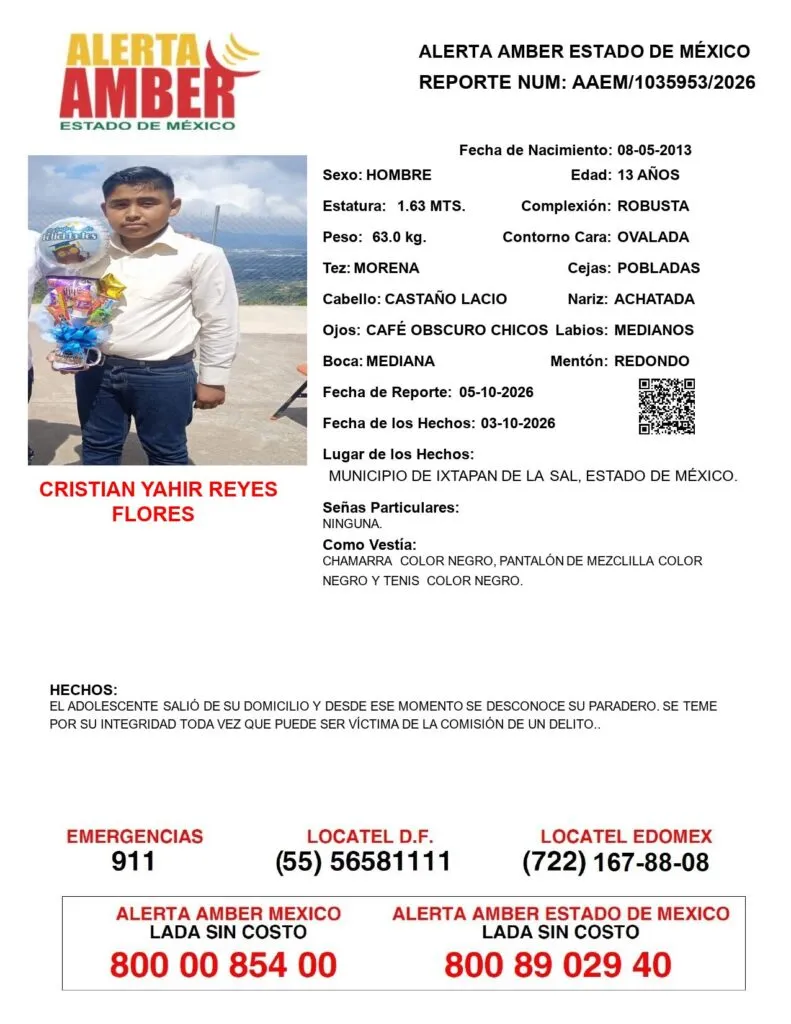 Alerta Amber: Se busca a Cristian Yahir Reyes Flores; desapareció en Ixtapan de la Sal