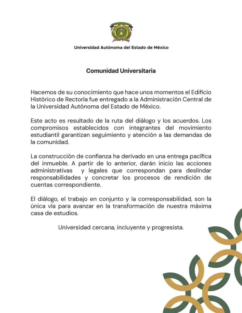 UAEMéx: Autoridades recuperan edificio de rectoría