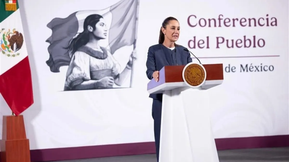 La presidenta Claudia Sheinbaum, durante su conferencia de este lunes 14 de abril.