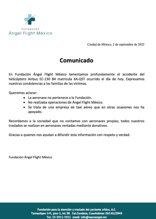Fundación Ángel Flight México se deslinda de accidente de helicóptero