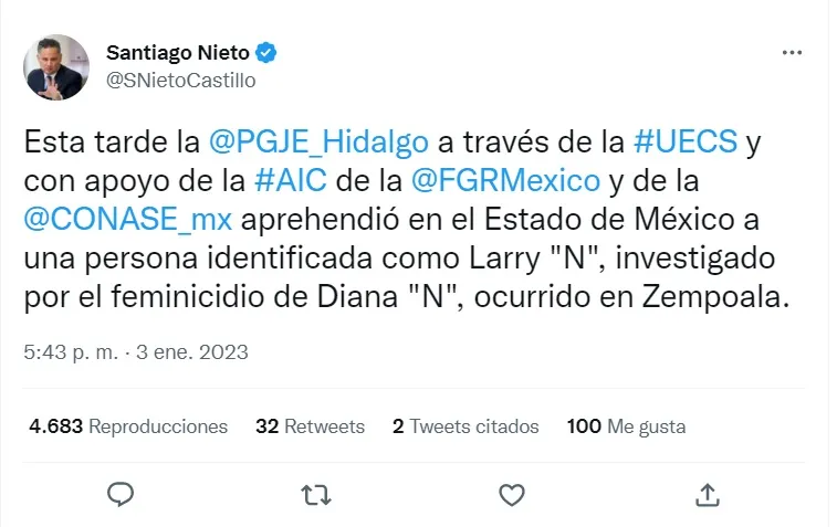 Autoridades de Hidalgo detienen en Edomex a presunto feminicida