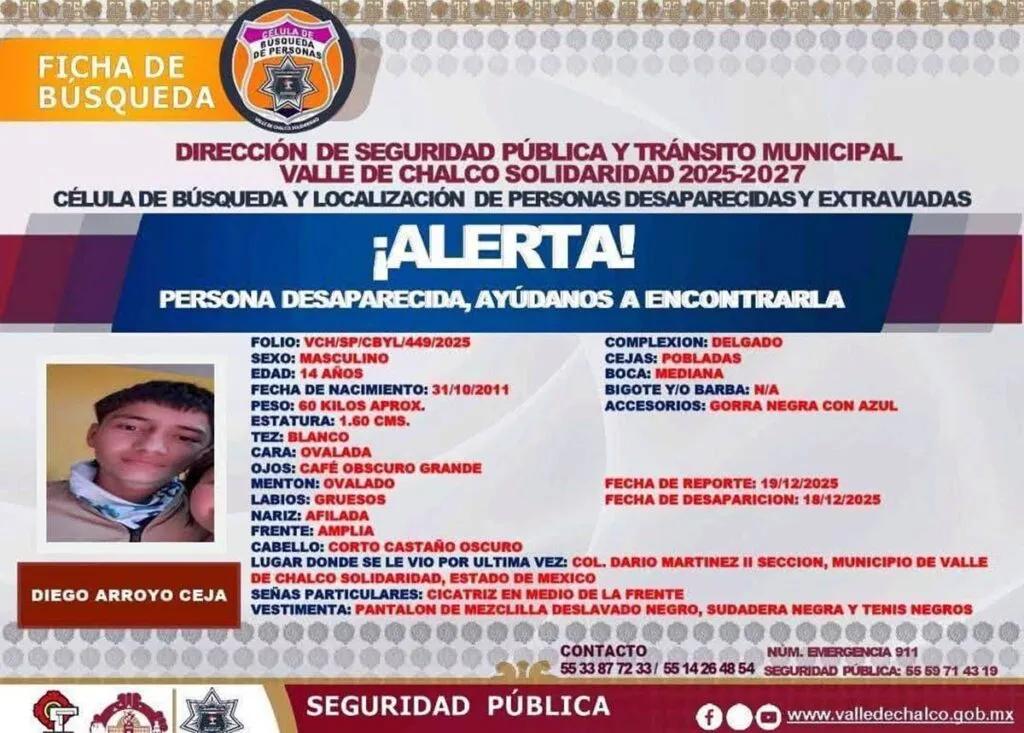 Familiares de Diego Arrollo exigen su localización en Valle de Chalco