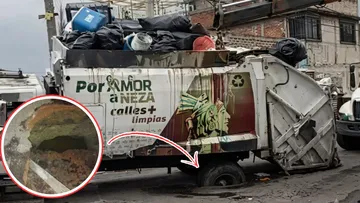 Camión de basura cae en socavón en Neza; habitantes aseguran que no es el único