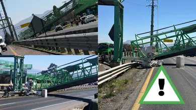 Colapsa puente en Hidalgo luego de que una grúa lo impactara en la “Bajada de la Muerte”. No hay lesionados, pero hay cierre vial y videos del momento.