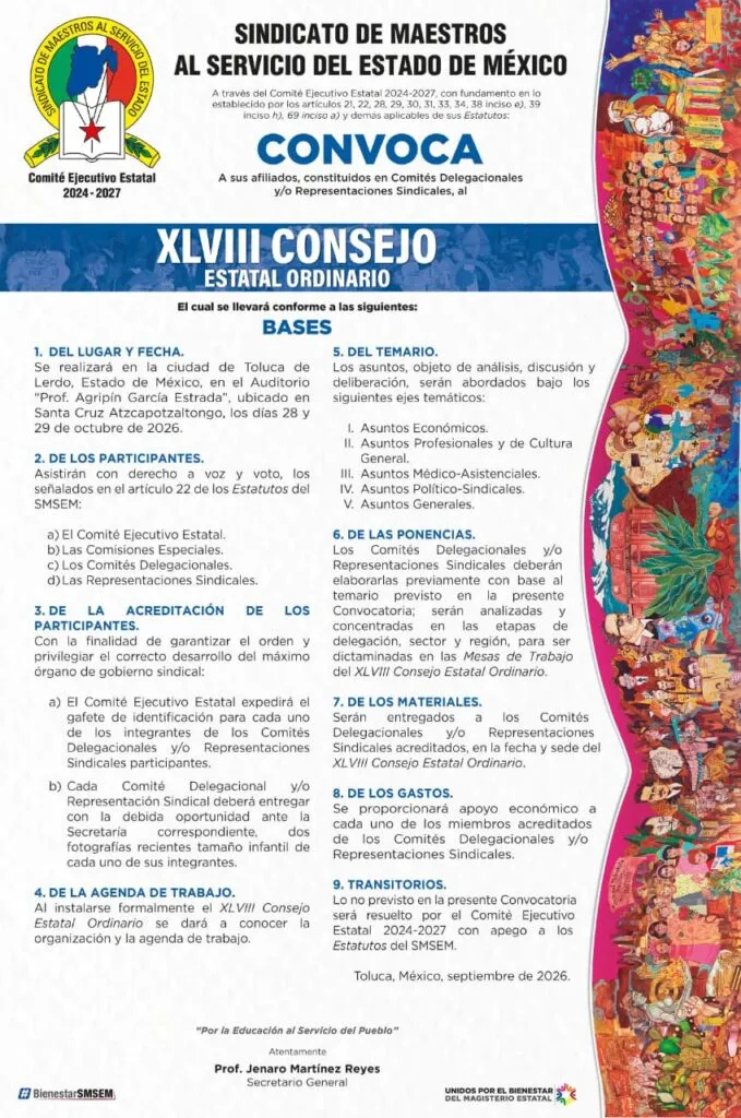 SMSEM convoca a Consejo Estatal Ordinario en octubre