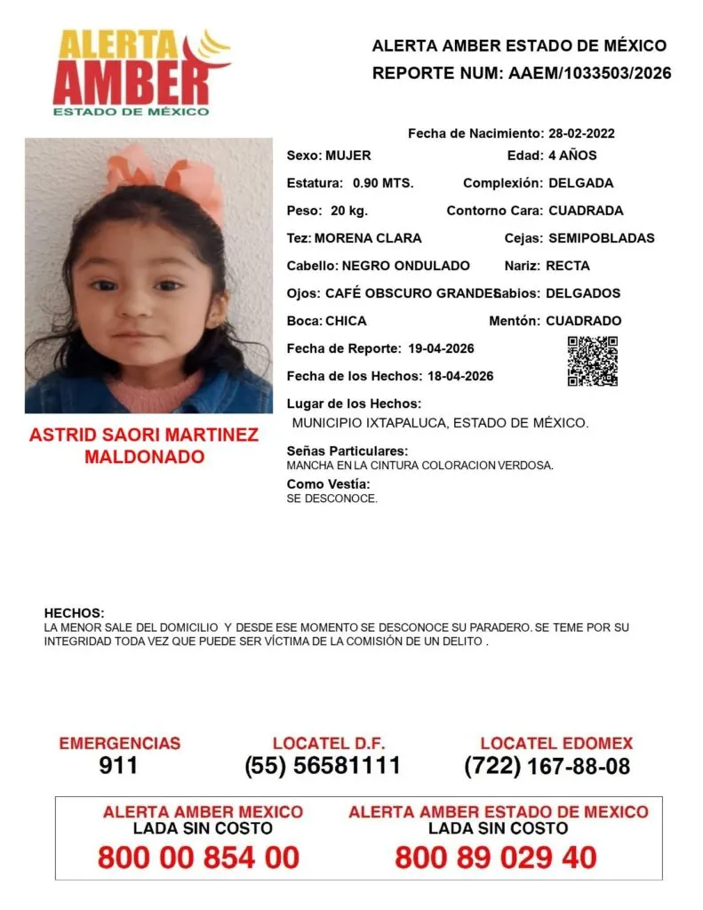 Alerta Amber: Se busca a Astrid Saori Martínez Maldonado; desapareció en Ixtapaluca