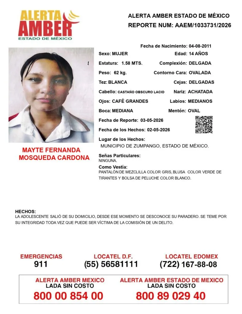 Alerta Amber: Se busca a Mayte Fernanda Mosqueda Cardona desaparecida en Zumpango