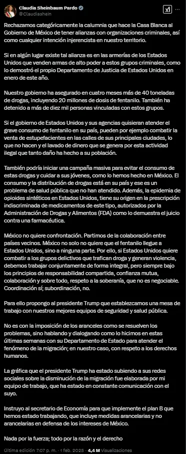 Sheinbaum ordena aplicar aranceles contra EU en respuesta a Trump