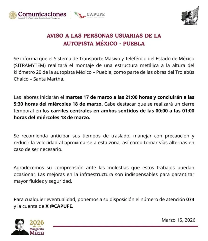 ¡Atención! Habrá cierres nocturnos en la autopista México-Puebla, hoy 17 de marzo 2026