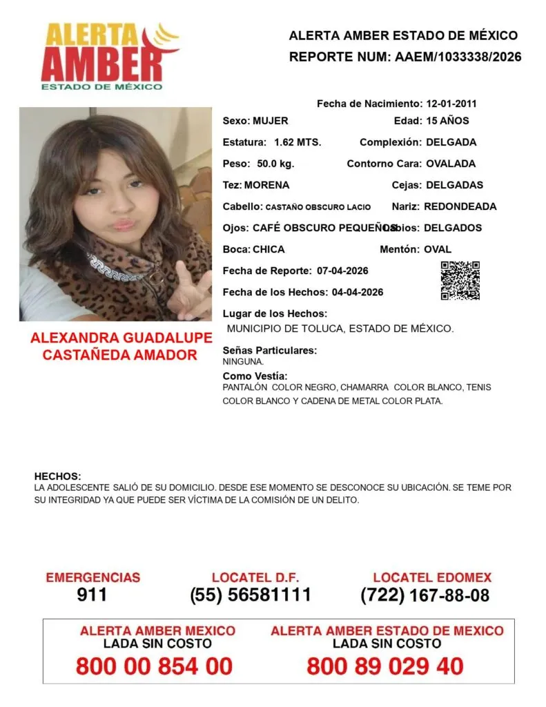 Alerta Amber: Se busca a Alexandra Guadalupe Castañeda Amador, desaparecida en Toluca
