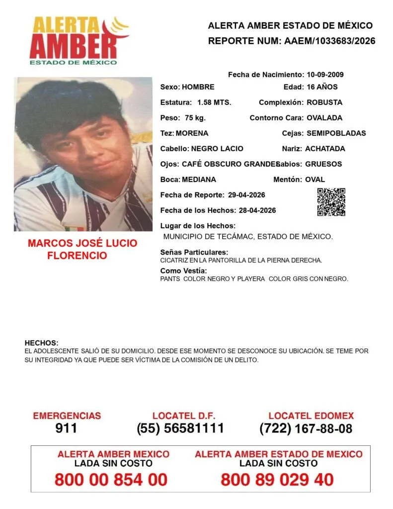 Alerta Amber: Se busca a Marcos José Lucio Florencio; desapareció en Tecámac