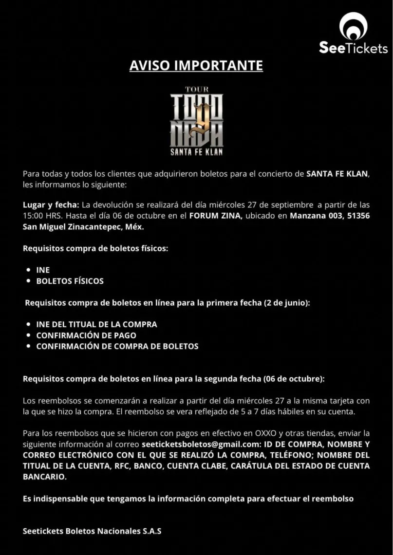 Comienza el reembolso del concierto de Santa Fe Klan en Zinacantepec
