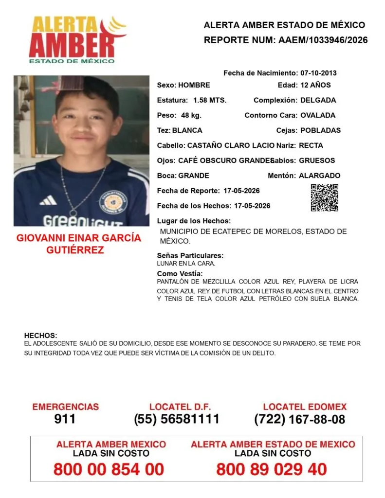 Alerta Amber: Se busca a Giovanni Einar García Gutiérrez; desapareció en Ecatepec