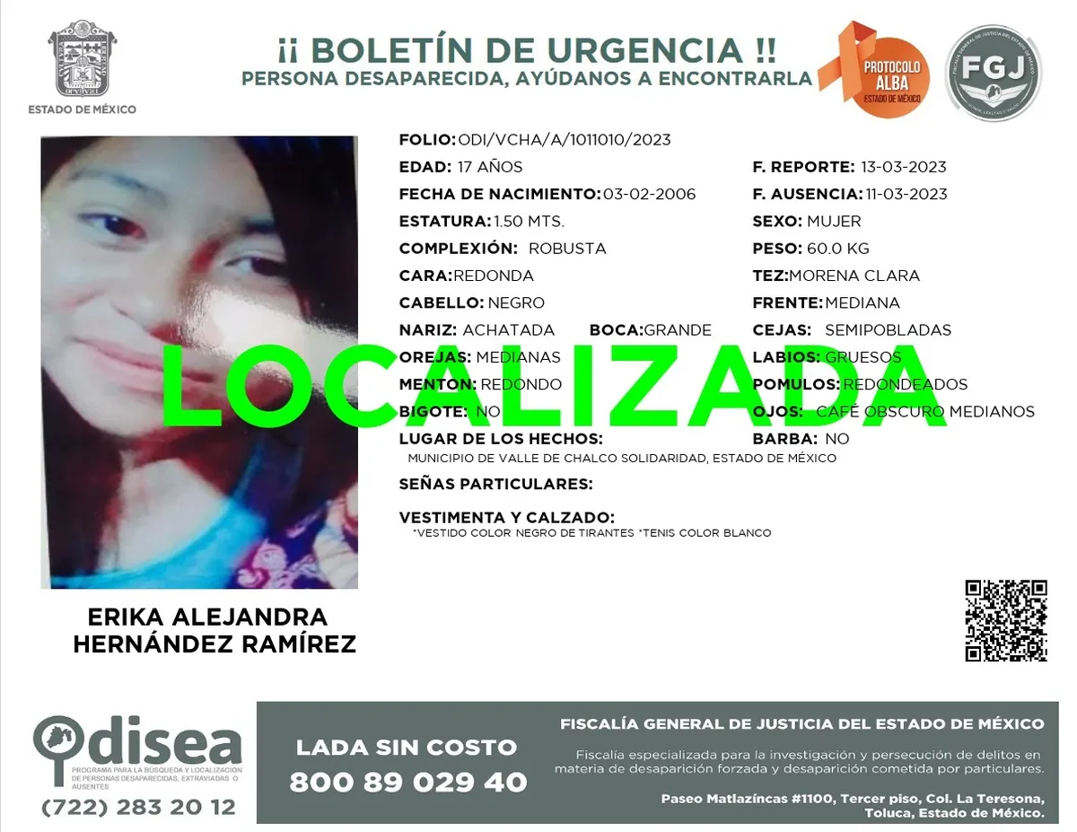 Localizan a joven de 17 años reportada como desaparecida en Valle de Chalco