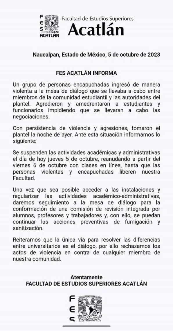 Alumnos toman FES Acatlán e interrumpen negociaciones para fumigación preventiva