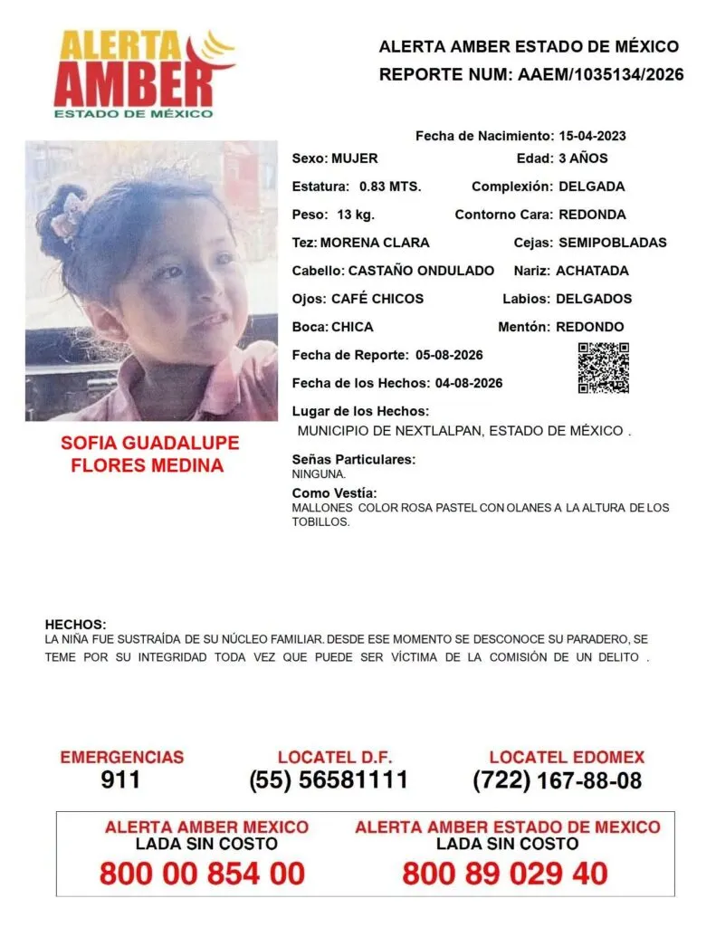 Alerta Amber: Se busca a Sofía Guadalupe Flores Medina, desaparecida en Nextlapan