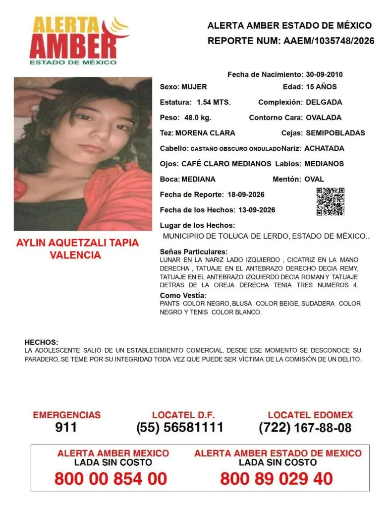 Alerta Amber: Se busca a Aylin Aquetzali Tapia Valencia, desaparecida en Toluca