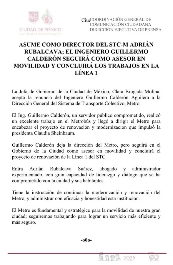 Oficial: Guillermo Calderón renuncia como director del Metro CDMX; Adrián Rubalcava es el nuevo titular