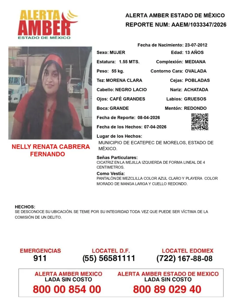 Alerta Amber: Se busca a Nelly Renata Cabrera de 13 años; desapareció en Ecatepec