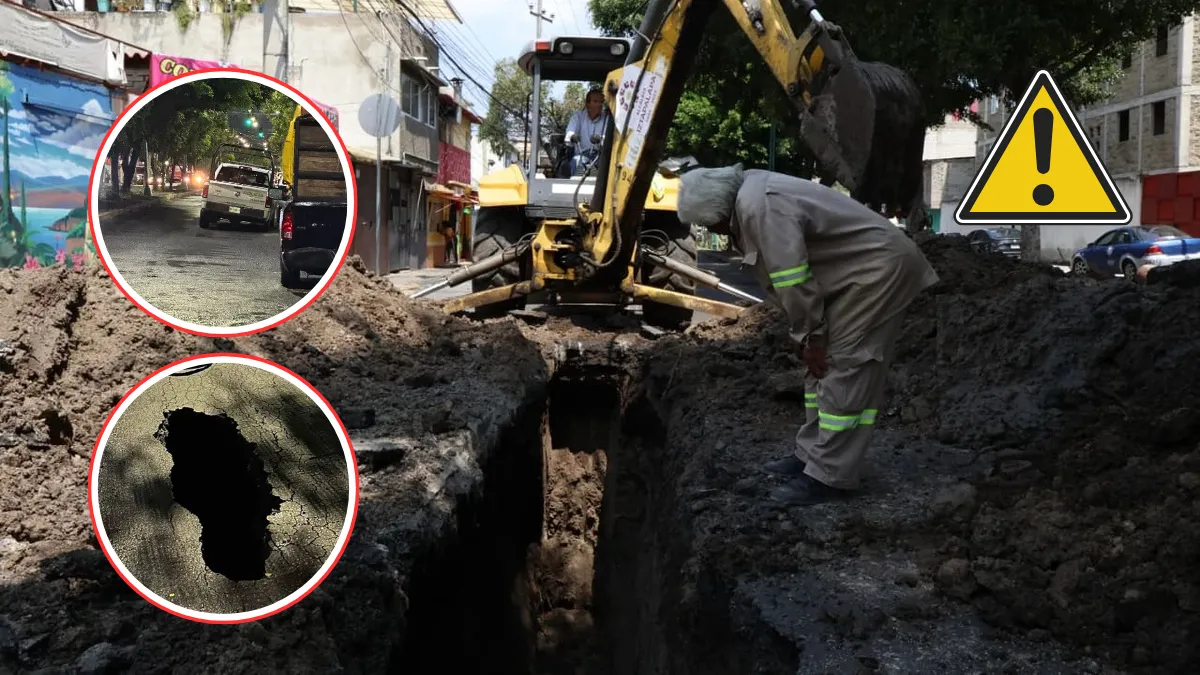 Se abre socavón en Avenida Telecomunicaciones, Iztapalapa: patrulla de SSC cae en el hoyo.