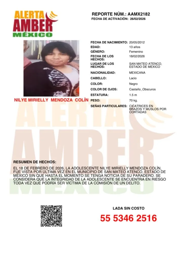 Alerta Amber: Se busca a Nilye Mirielly Mendoza Colín de 13 años, despareció en San Mateo Atenco, Edomex
