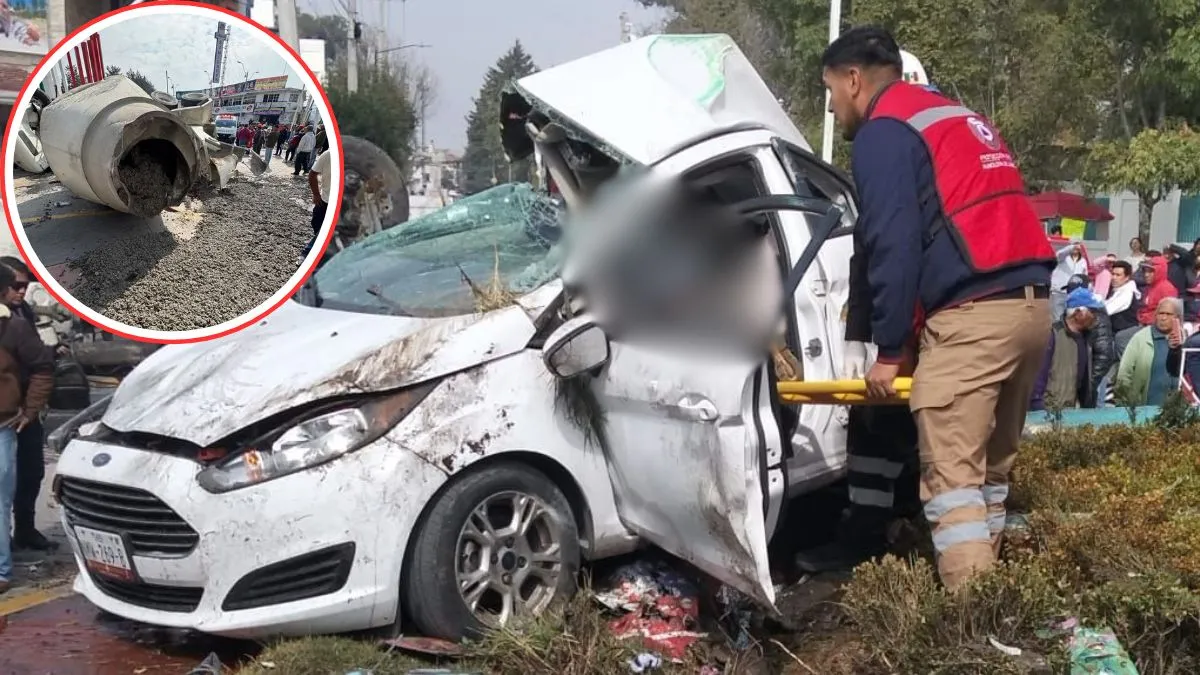 Volcadura de revolvedora deja dos heridos en Almoloya de Juárez