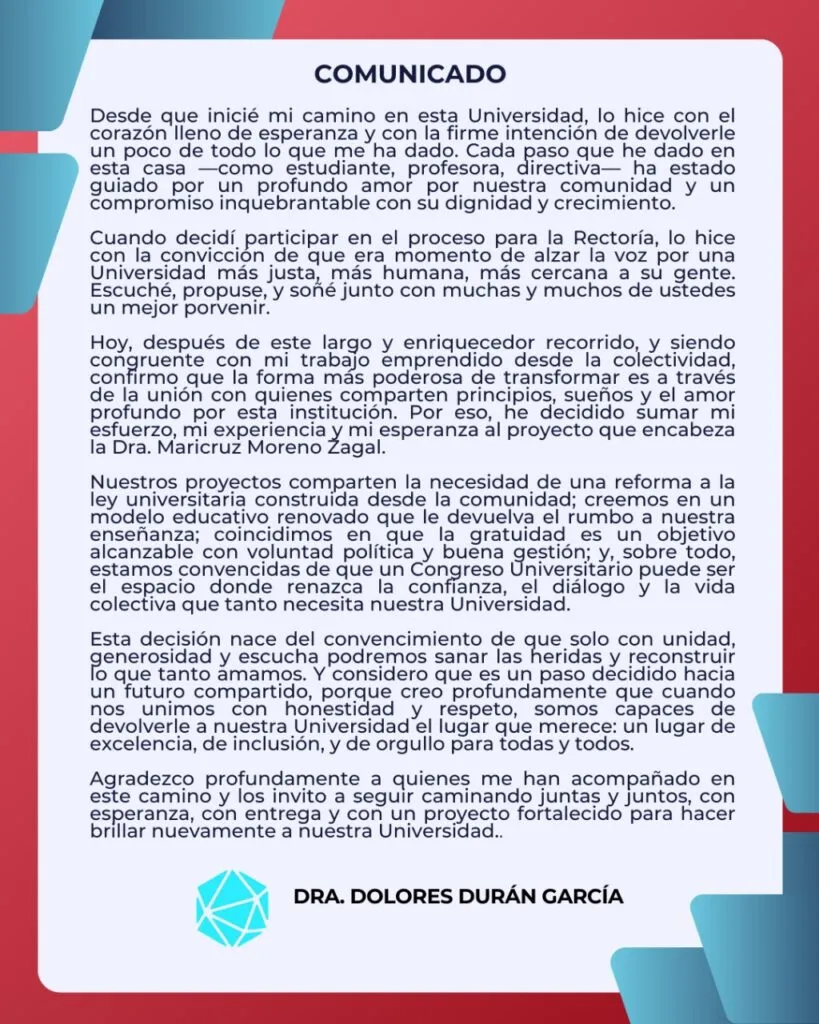 Dolores Durán declina aspiración a la Rectoría de la UAEMéx