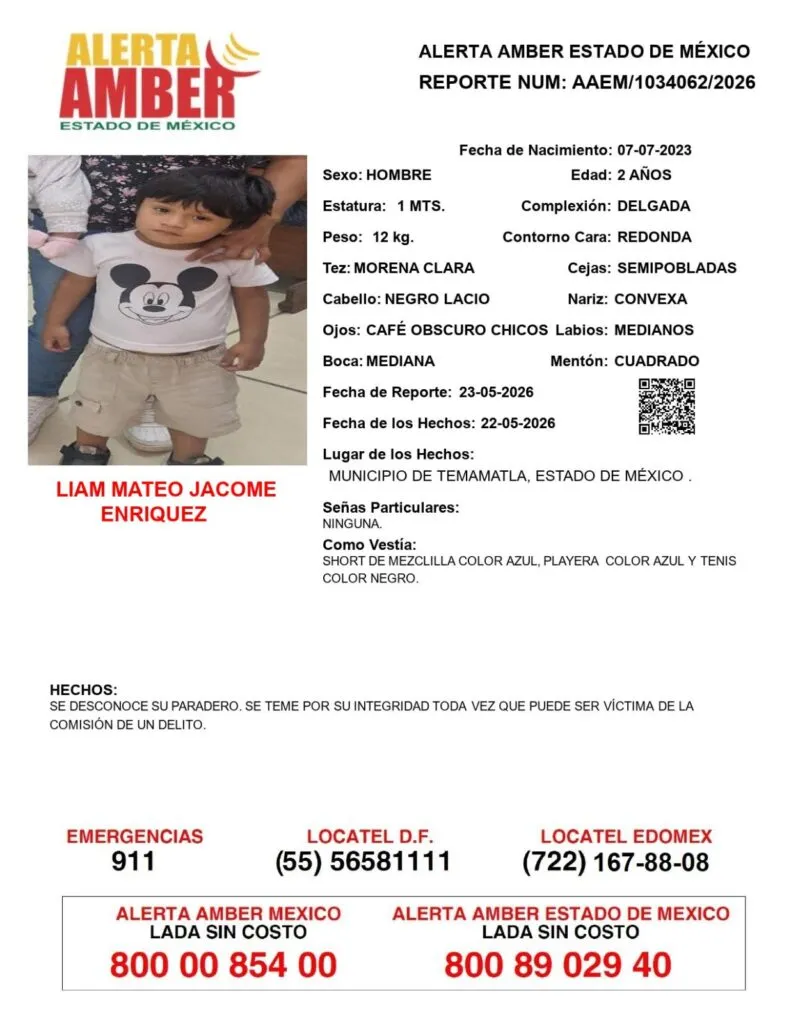 Alerta Amber: Se busca a Liam Mateo Jacome Enríquez, desaparecido en Temamatla