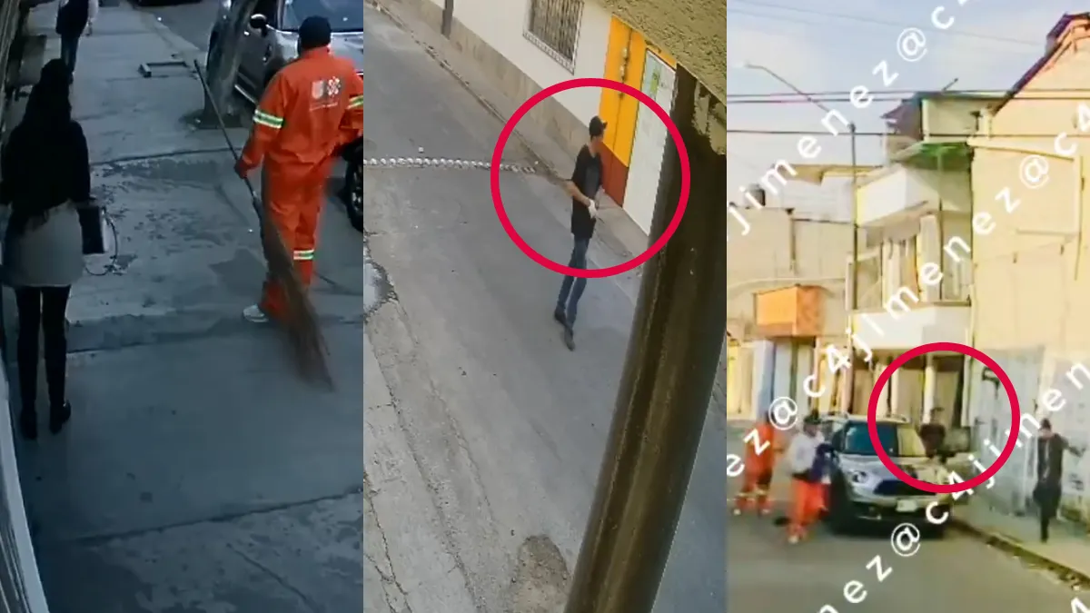 Nuevos videos revelan a los asaltantes disfrazados de barrenderos escapando y limpiando el vehículo con guantes.