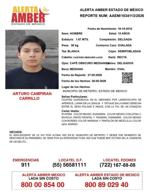 Alerta Amber: Se busca a Arturo Campirán Carrillo; desapareció en Metepec
