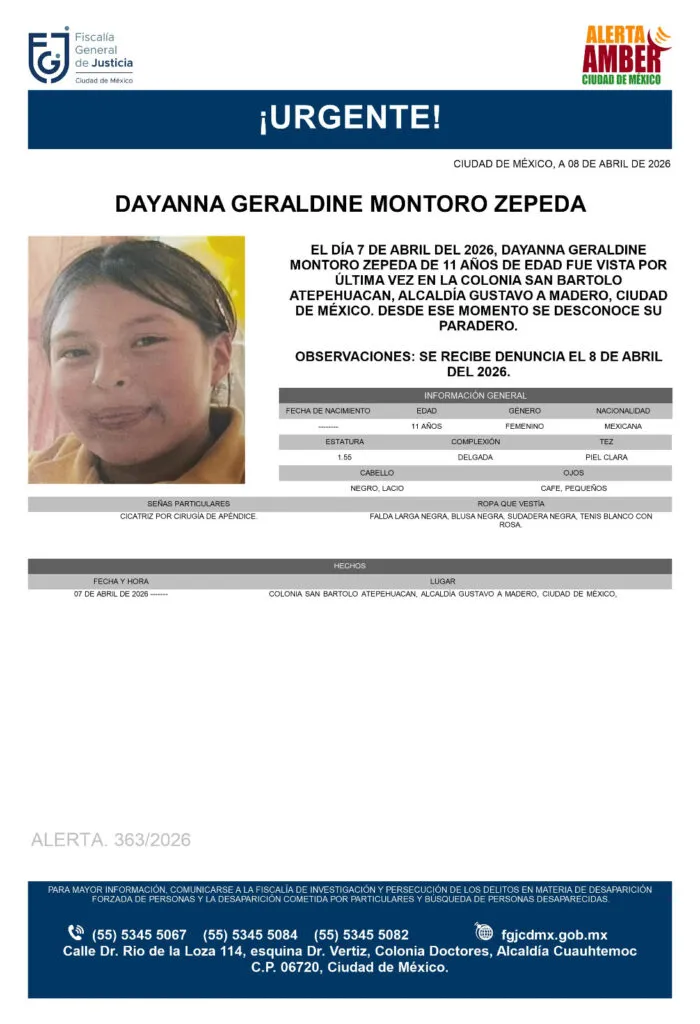 Alerta Amber: Se busca a Dayanna Geraldine Montoro Zepeda de 11 años, desapareció en la CDMX