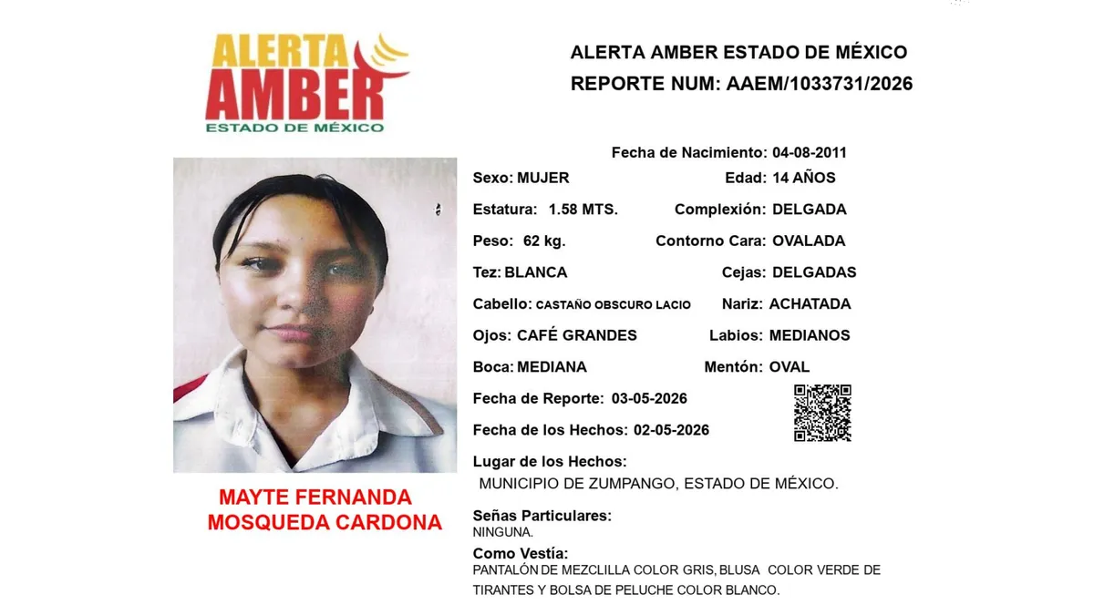 Alerta Amber: Se busca a Mayte Fernanda Mosqueda Cardona desaparecida en Zumpango