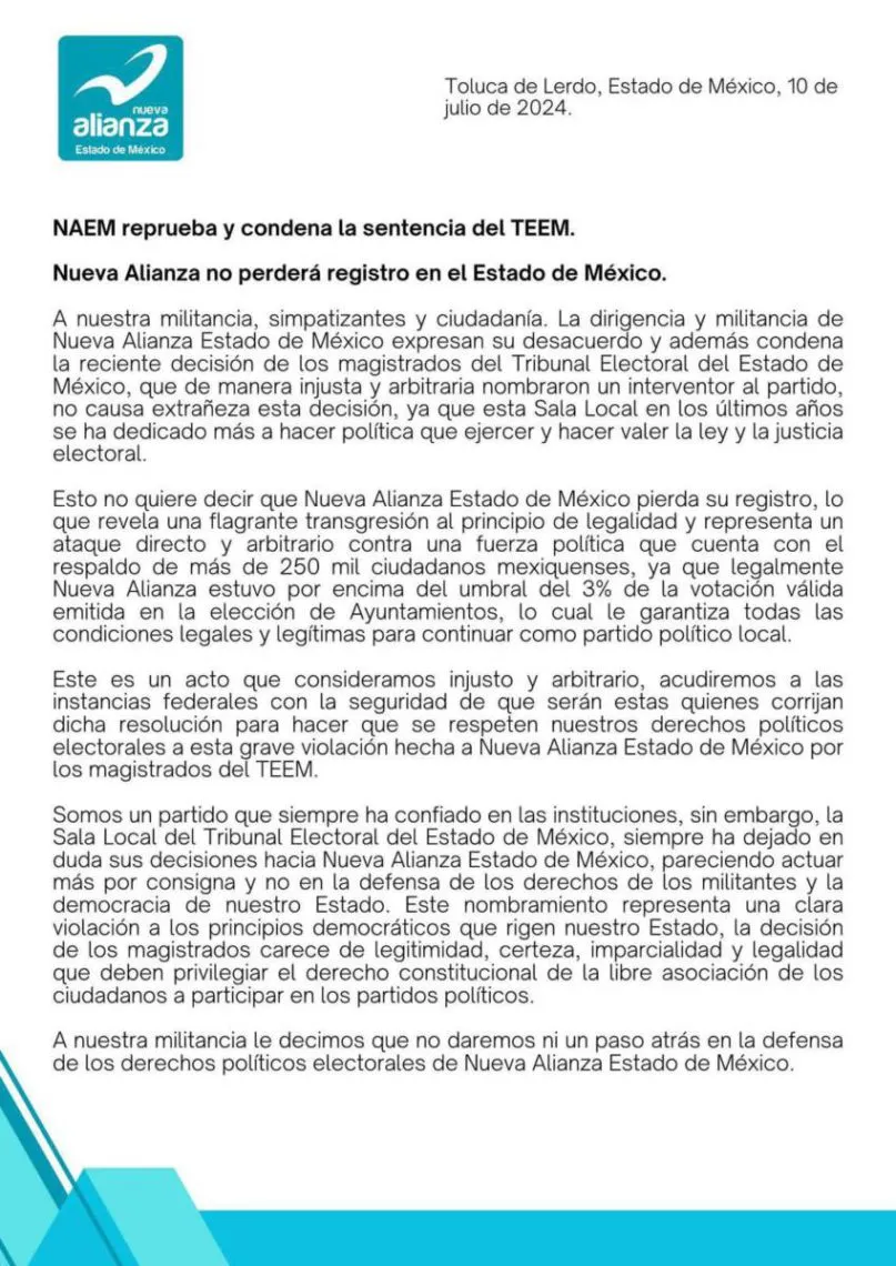 Nueva Alianza impugnará resolución de TEEM que ordena liquidación; acusa ataque directo y arbitrario