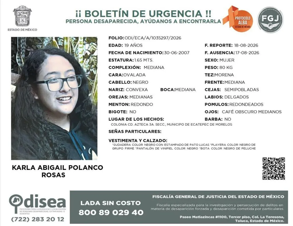 Protocolo Alba: Se busca a Karla Abigail Polanco Rosas de 19 años; desapareció en Ecatepec
