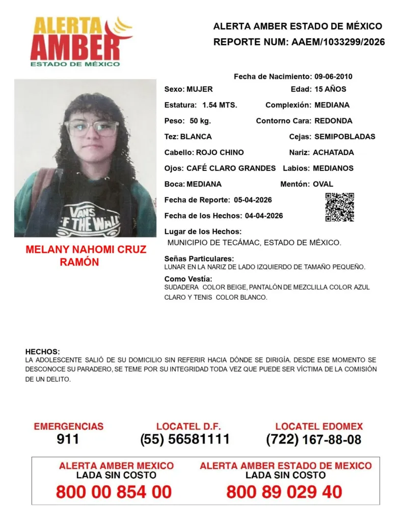 Alerta Amber: Se busca a Melany Nahomi Cruz Ramón, desaparecida en Tecámac