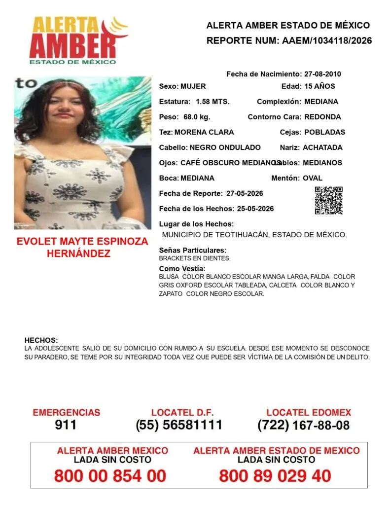 Alerta Amber: Se busca a Evolet Mayte Espinoza Hernández, desaparecida en Teotihuacán